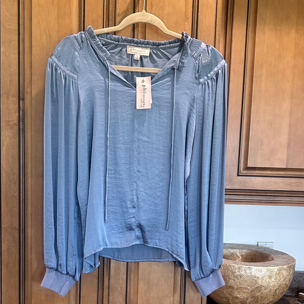 Philosophy Dusty Blue Satin-Feel Peasant Blouse
